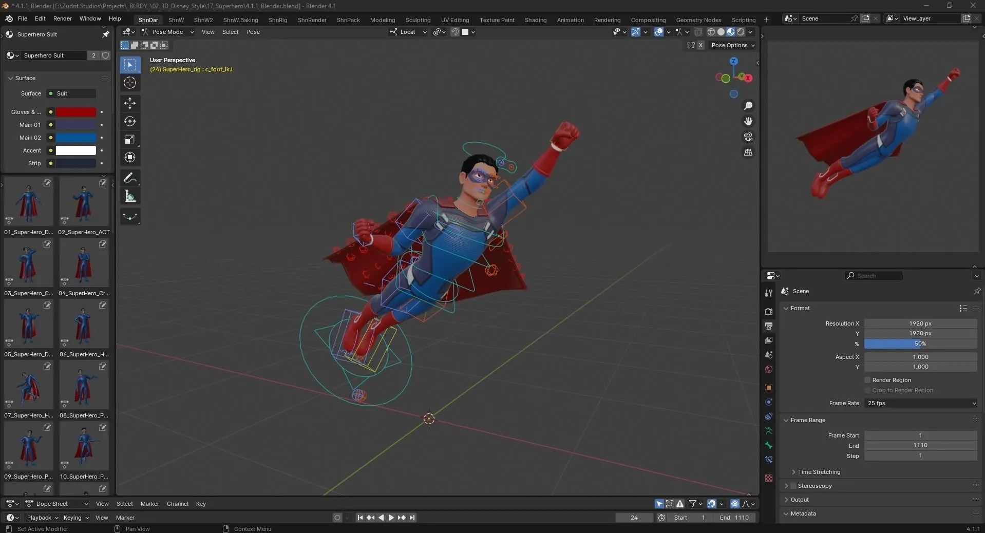 Cartoon Superhero Man 3D model in Blender workspace